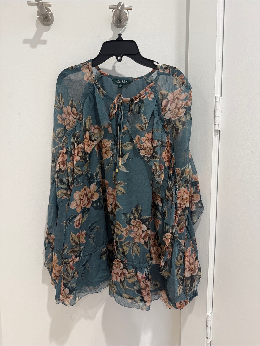 Lauren Ralph Lauren Teal Floral Ruffle Tie-Neck Blouse